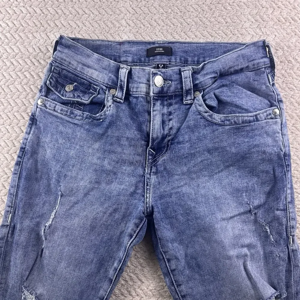 True Religion Jeans Mens 32x34 Blue‎ Geno Relaxed Slim Flap Pocket Distressed